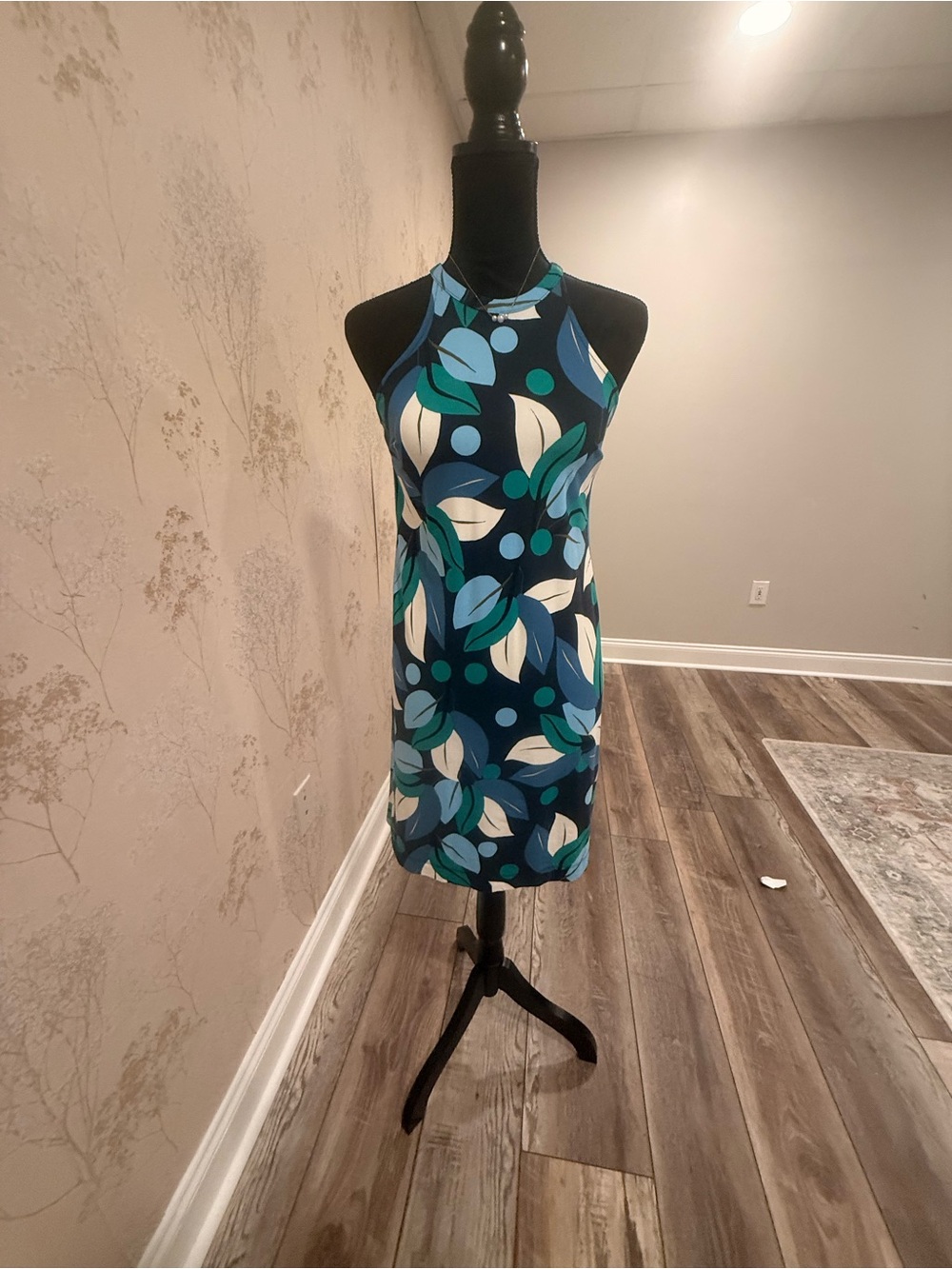 Ann Taylor Navy and Teal Halter Leaf-Print Mini Dress